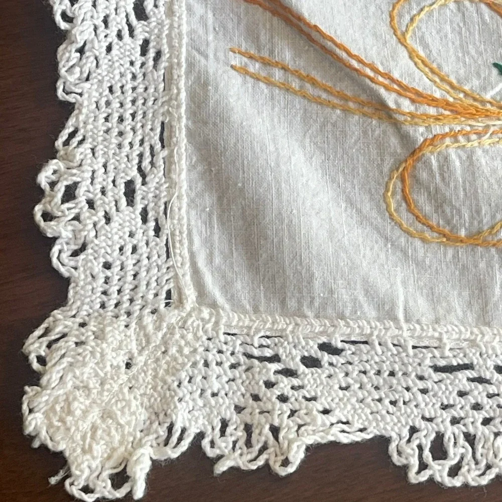 Vintage Hand Embroidered Blue Pansy Dresser Scarf White Lace Runner 36x15